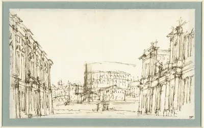 Fantasiearchitectuur met doorkijk op het Colosseum