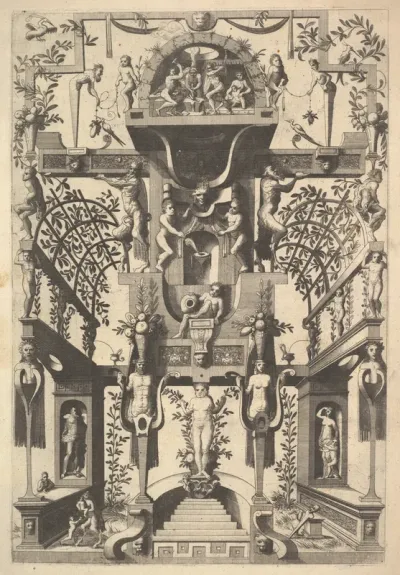 Fantastic Architecture Structure with Strapwork and Two Pergolas and a Small Scene with Vulcan's Forge at the Top