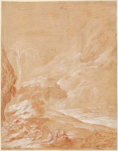 Fantastic Landscape with a Man Sleeping on a Rock