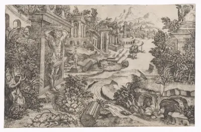 Fantastic River Landscape with Classical Ruins and an Atlantes