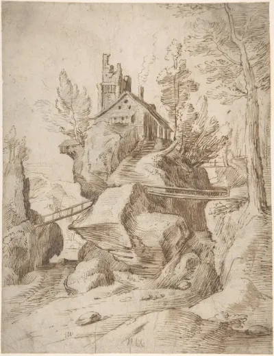 Fantastic Rocky Landscape with a Farmhouse and Three Foot Bridges