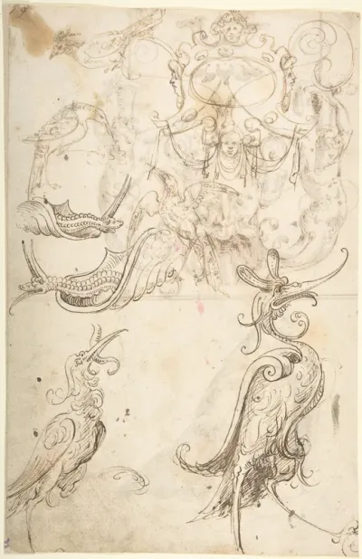 Fantastical creatures, birds, and strapwork cartouche (recto); grotesque mask and kneeling priest (verso)
