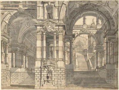 Fantasy of Magnificent Courtyards and Loggie with a Monumental Staircase