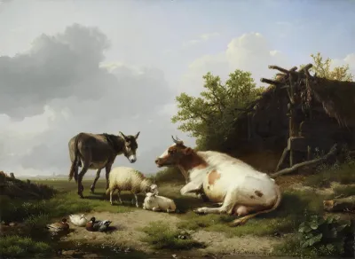 Farm animals by a field shelter