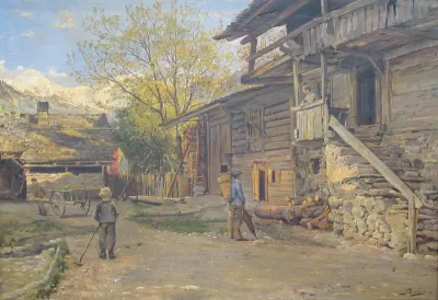 Farm exterior and mountains in the background.