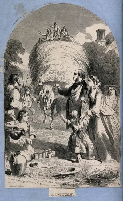 Farm workers celebrate the bringing in of the harvest, and a woman offers drinks to the landlord's family or to city visitors; representing Autumn
