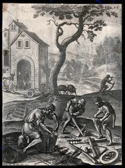 Farm workers under a tree are making a basket, a plough and other agricultural implements