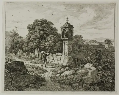 Farmer Greeting a Roadside Shrine of the Madonna, plate one from Die zwei grossen Landschaften mit den Betsäulen