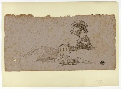 Farmhouse in the Mountains with Cows in Foreground