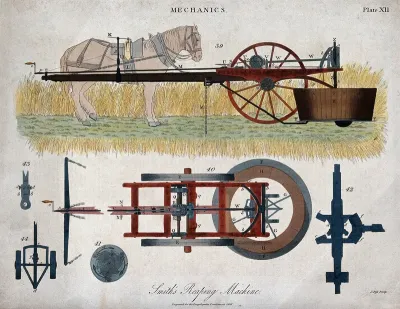 Farming: a reaping machine, driven by a horse