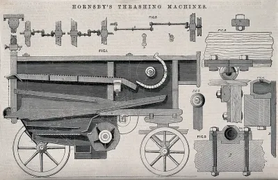 Farming: a threshing machine designed by Richard Hornsby mounted on a cart: cutaway side elevation, and details