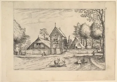 Farmstead, cows and herdsman in the foreground from Praediorum villarum et rusticarum casularum icones elenoantissimae ad vivum in apre deformatae