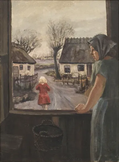 Farmyard with girl in a red dress.