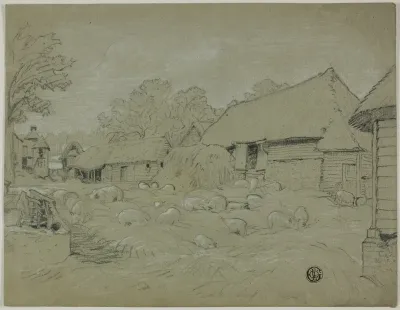 Farmyard with Haystack and Pigs