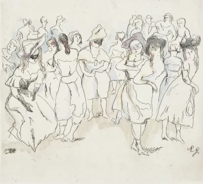 Faschingsszene mit maskierten Männern und Frauen