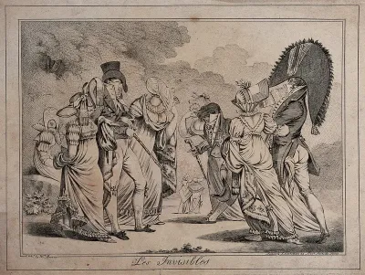 Fashionable men and women promenading with their faces obscured by large collars and headwear