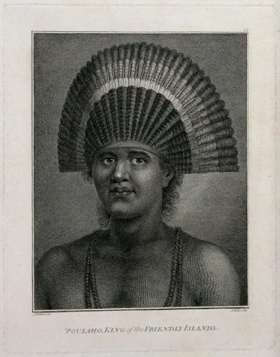 Fatafehi Paulaho, King (Tui) of Tonga, wearing an elaborate headdress of feathers