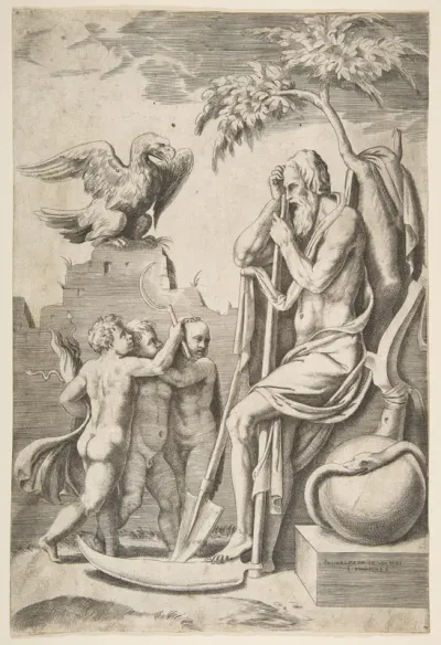 Father Time at the right leaning on a scythe, three naked boys and eagle at the left