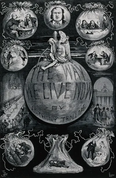 Father Time, seated on the globe, averts his eyes from the venal scenes depicted in the money-bags around him, involving the fraudulent financier Augustus Melmotte