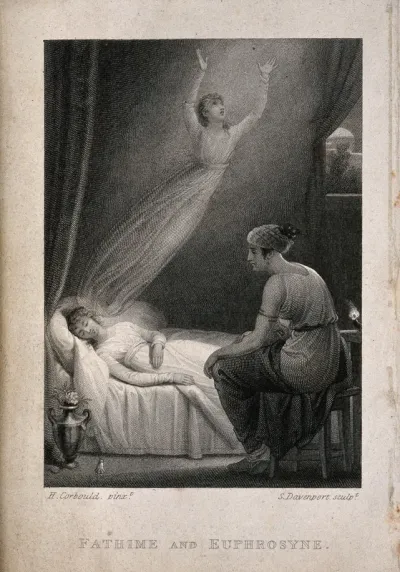 Fathime's astral body leaving her as she dies while Euphrosyne sits and watches