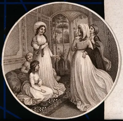 Fatima, the wife of the Kahya at Adrianopolis, rises to greet Lady Mary Wortley Montagu while her two daughters remain seated