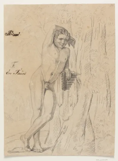 Faun med panfløjte (syrinx), lænet op ad et træ