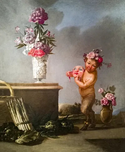 Faun with mask, still life and two flower vases