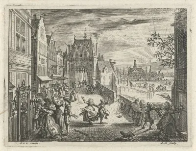 Feestend gezelschap in een stad
