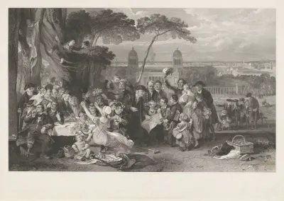 Feestend gezelschap viert de overwinning bij Trafalgar op de heuvel voor de Old Royal Naval College