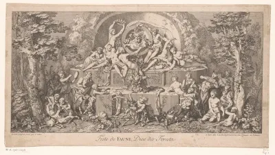 Feestende nimfen en saters om een beeld van Faunus