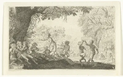 Feestende saters en bosnimfen bij een open plek in het bos