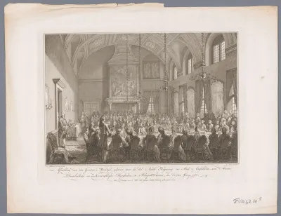 Feestmaal voor Willem V van Oranje-Nassau en Wilhelmina van Pruisen in de Schepenkamer van het stadhuis te Amsterdam, 1768