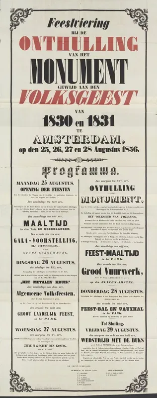 Feestviering bij de Onthulling van het Monument gewijd aan den volksgeest van 1830 en 1831 te Amsterdam op den 25, 26, 27 en 28 augustus 1856