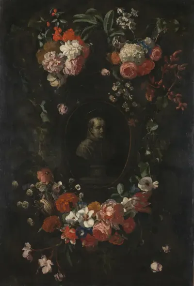 Feigned Sculpted Bust of the Blessed Hieronymus Werdanus Set in a Feigned Stone Cartouche, Decorated with a Swag and Two Bunches of Flowers