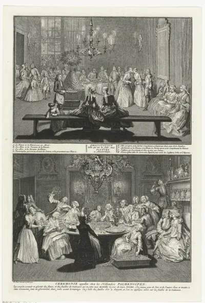Felicitation telle qu'on la fait, aux Fiancés a Amsterdam / Ceremonie appellée chez les Hollandois Palmknoopen