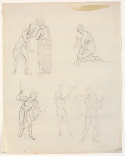 Fem figurskitser. F.o.t.v. et par (teaterscene?) f.n.t.h. en mand der trækker en hest