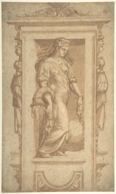 Female Allegorical Figure of Benignitas (Goodness), with Attributes of Abundance Standing in a Niche (recto); Architectural Sketches (verso)