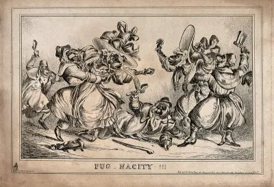 Female apes in human clothes are brawling, restrained by male apes in human clothes