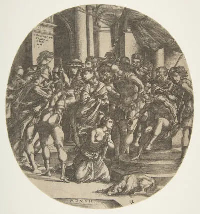 Female figure (Saint Catherine?) kneeling on the ground at center pleading to a male figure (Maximus?) who wears a crown and is seated on a throne at right; at left a figure with raised sword about to strike the woman; a group of figures looking on i