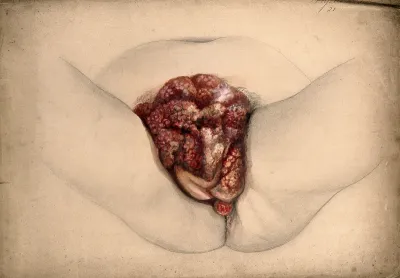 Female genitalia showing severely diseased tissue all over the pelvic region