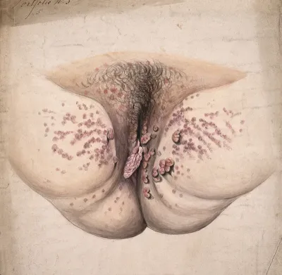 Female genitalia showing severely diseased tissue, and sores on the inside thighs, buttocks and pubis