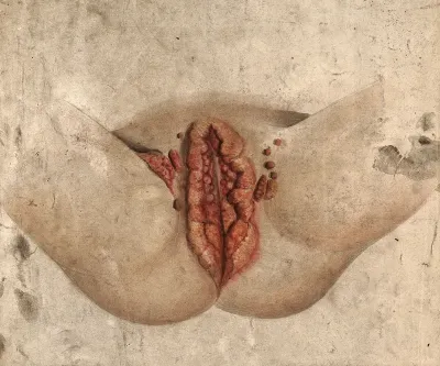 Female genitalia showing severely diseased tissue, and sores on the upper thighs to each side