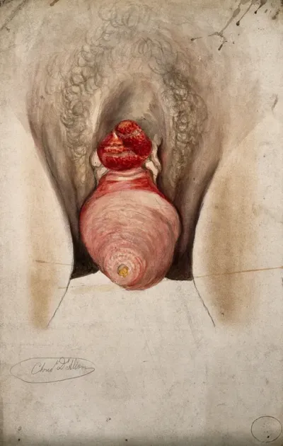 Female genitalia showing severely diseased tissue and symptoms of ectropia vesicae, with a complete prolapse of the uterus