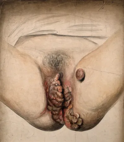 Female genitalia showing severely diseased tissue from pubis to anus, and a large growth on the left inside thigh