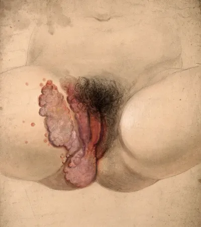 Female genitalia showing severely diseased tissue spreading on to the right inside thigh