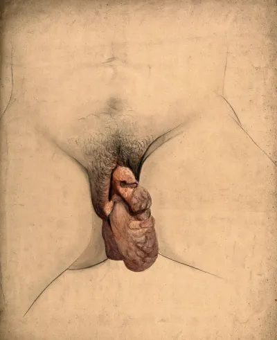 Female genitalia showing symptoms of a prolapsed uterus