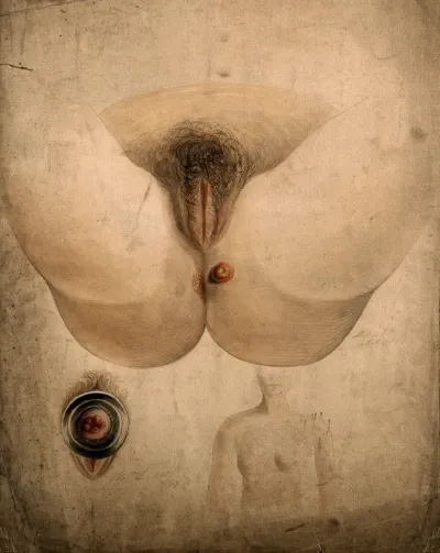 Female genitalia with sores around the anus: with details showing a sore on the genitals and a rash on a woman's chest