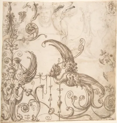 Female grotesque and harpy (recto); fantastical creatures and masks (verso)