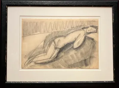 Female Nude Lying on Her Left Side on a Couch, Hands by Her Neck