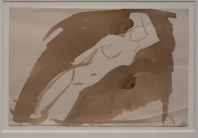 Female nude reclining on her side, left arm behind her head, right arm extended besides her body